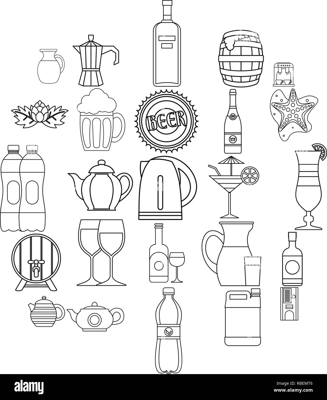 Flowing bowl icons set, outline style Stock Vector