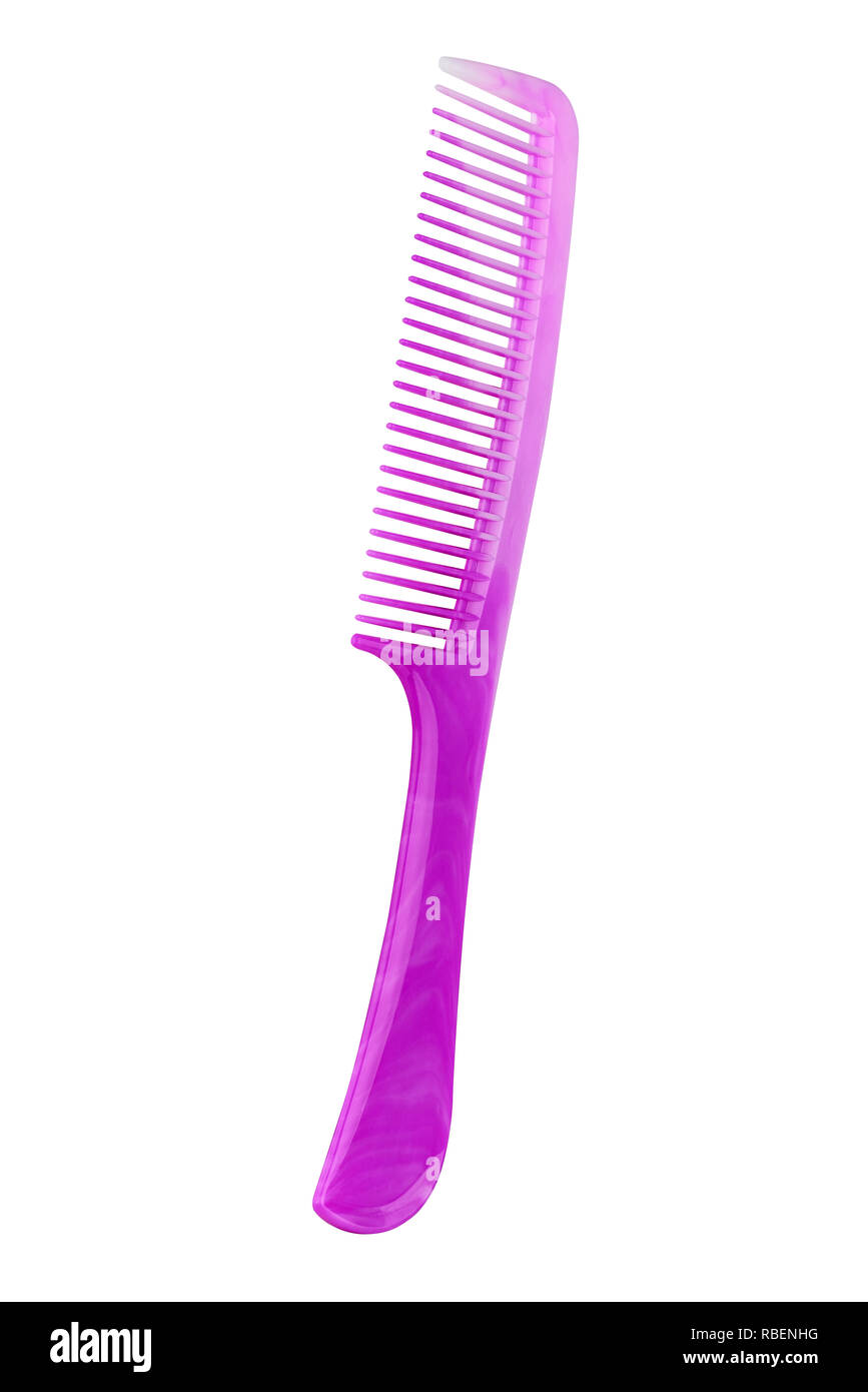 Purple plastic comb with handle, isolated on transparent or white