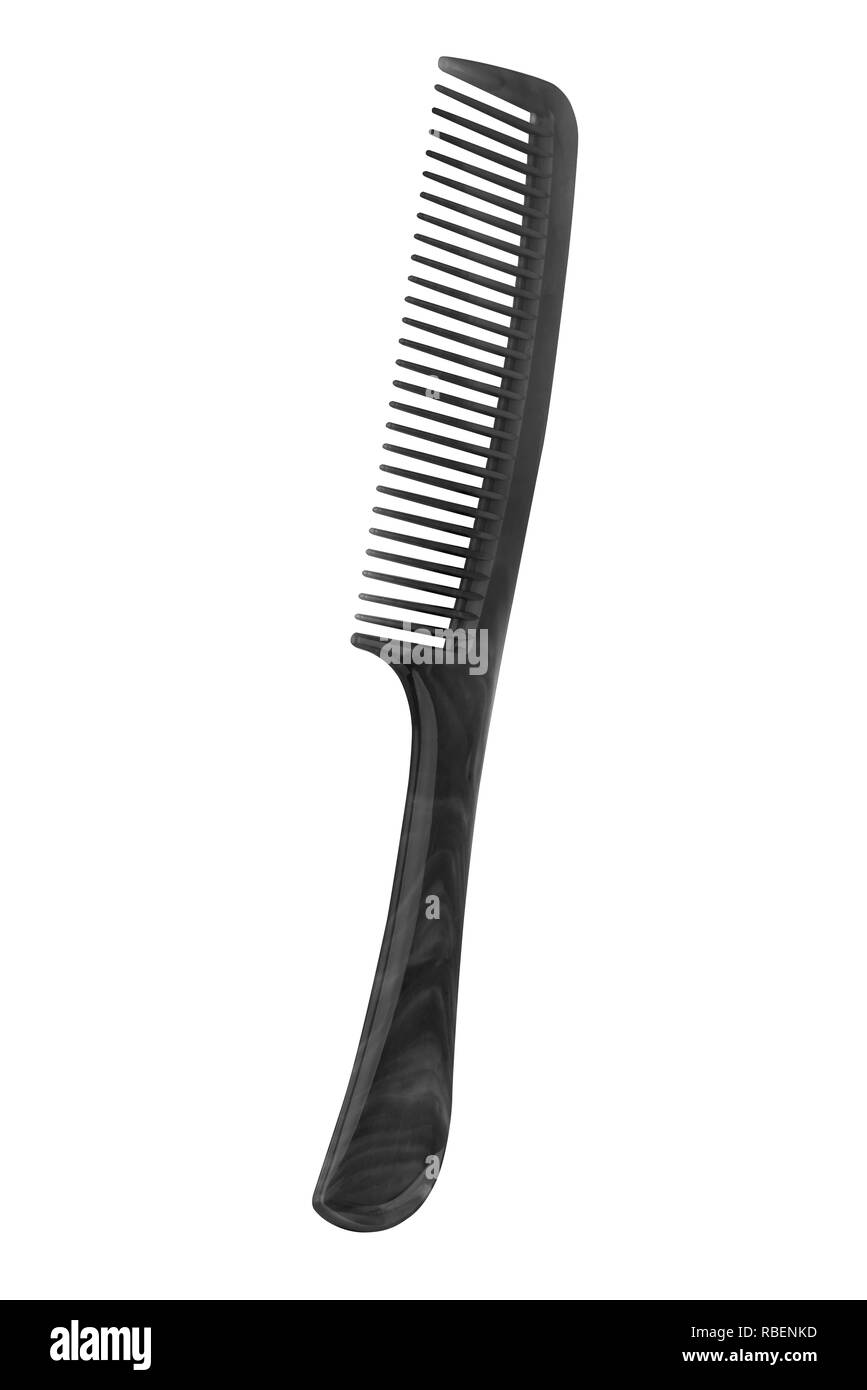 Black plastic comb with handle, isolated on transparent or white