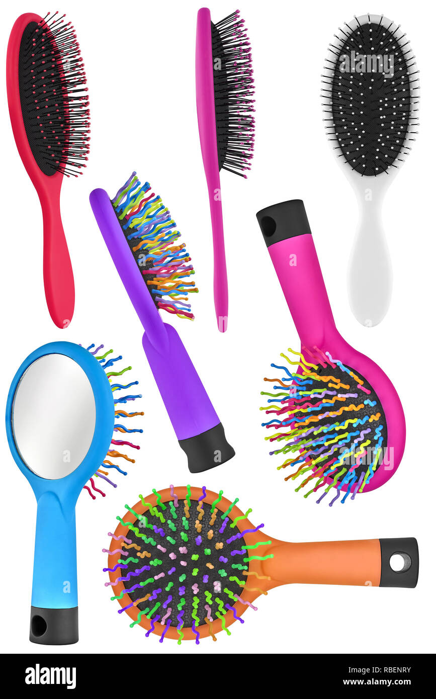 Set of seven hair comb brushes for women and children, with handle and  mirror on the back, isolated on transparent or white background Stock Photo  - Alamy