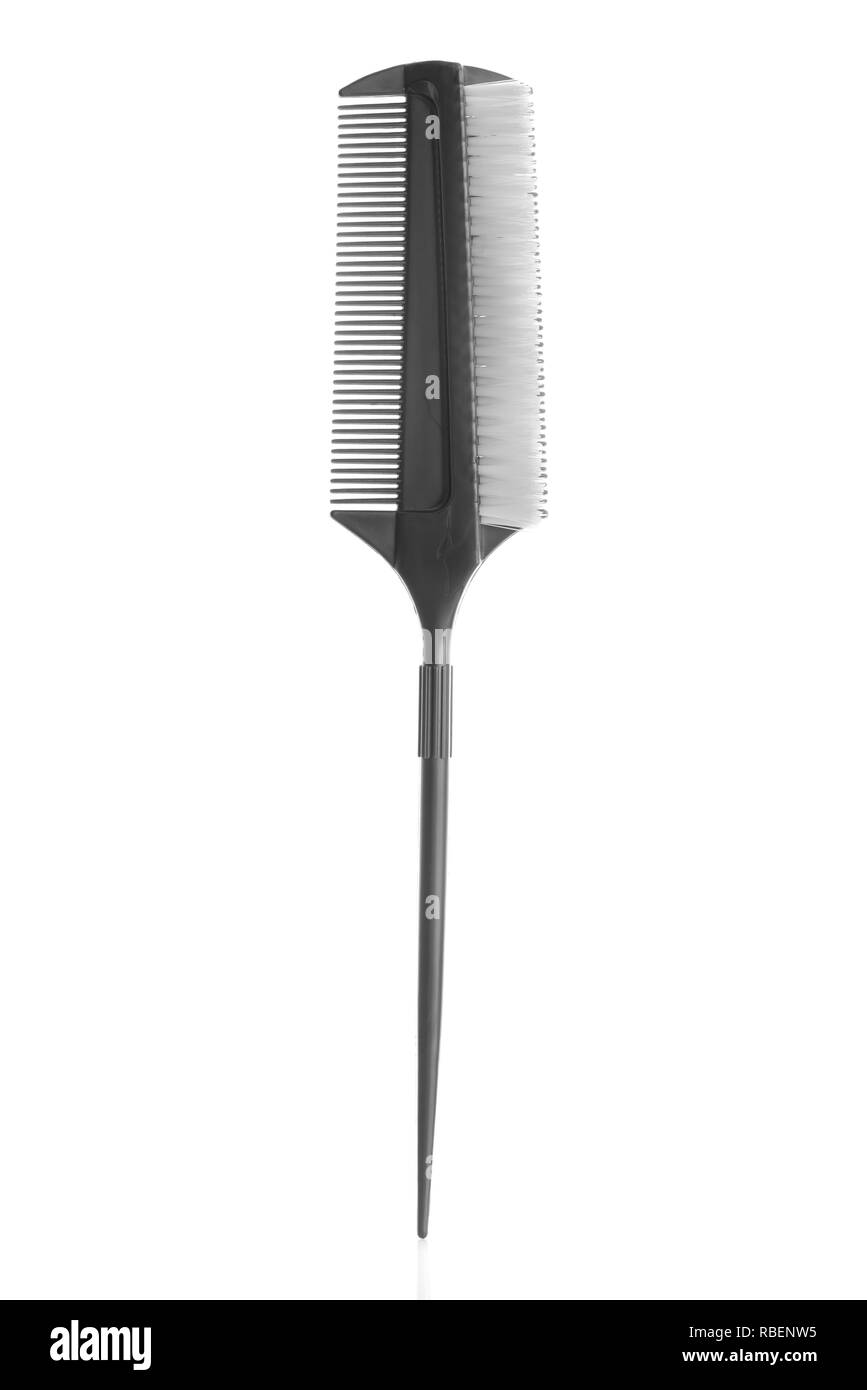 Grey tapping hair comb brush with long handle, isolated on white