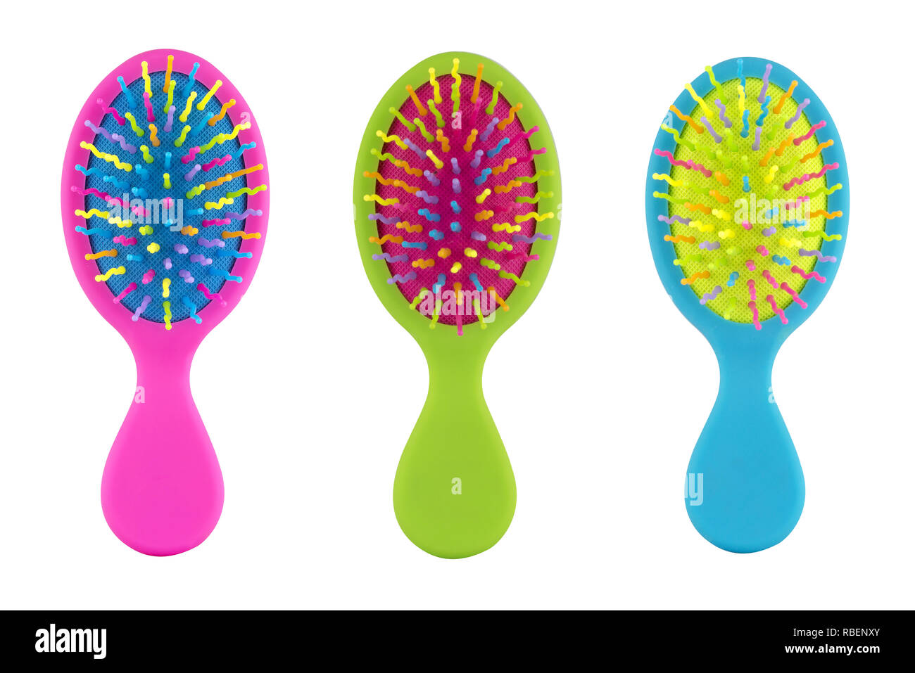 Three Colorful Soft Hair Brushes For All Kids Isolated On White