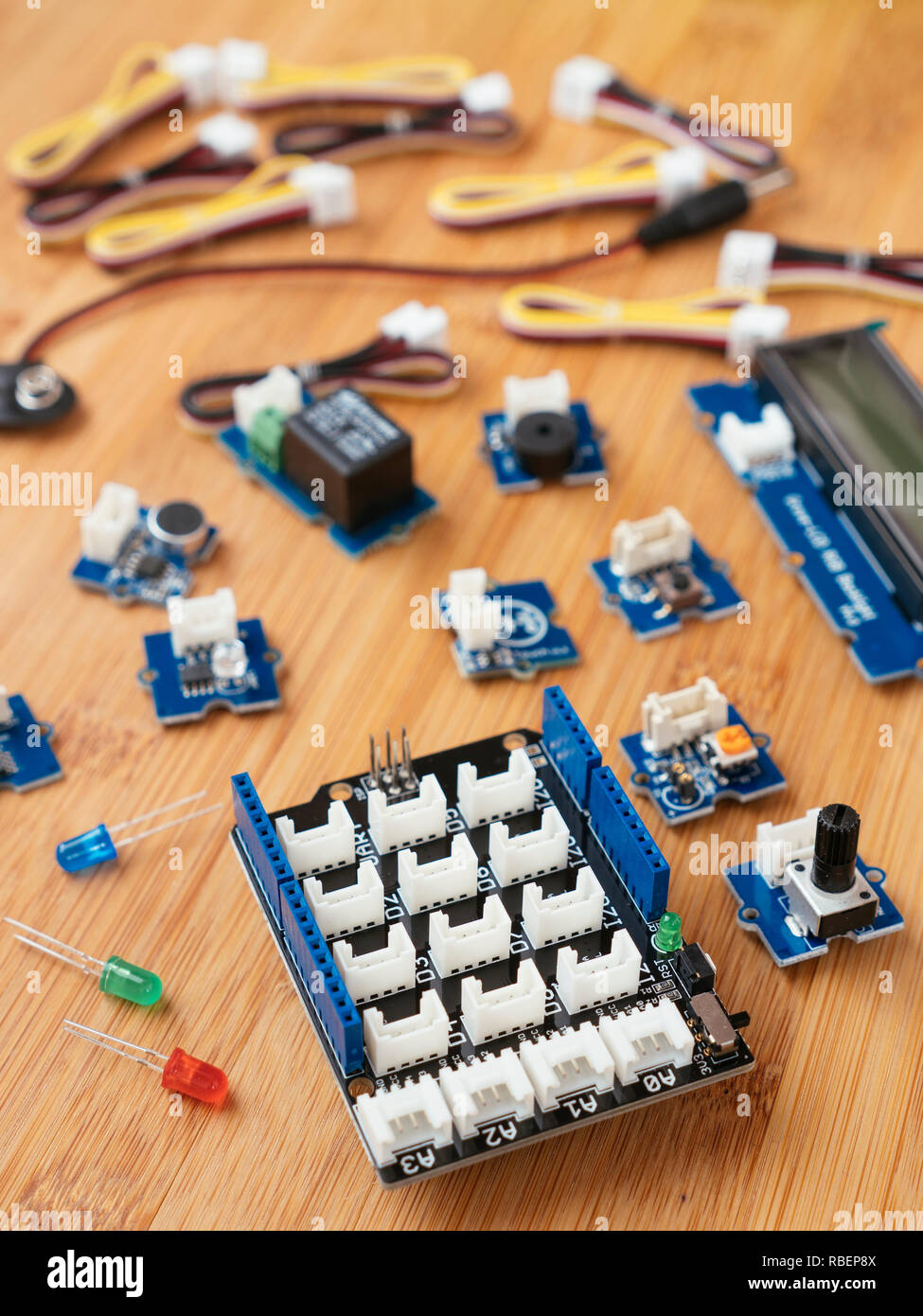 Grove module starter kit for Arduino with a selection of different modules and a base shield. Stock Photo