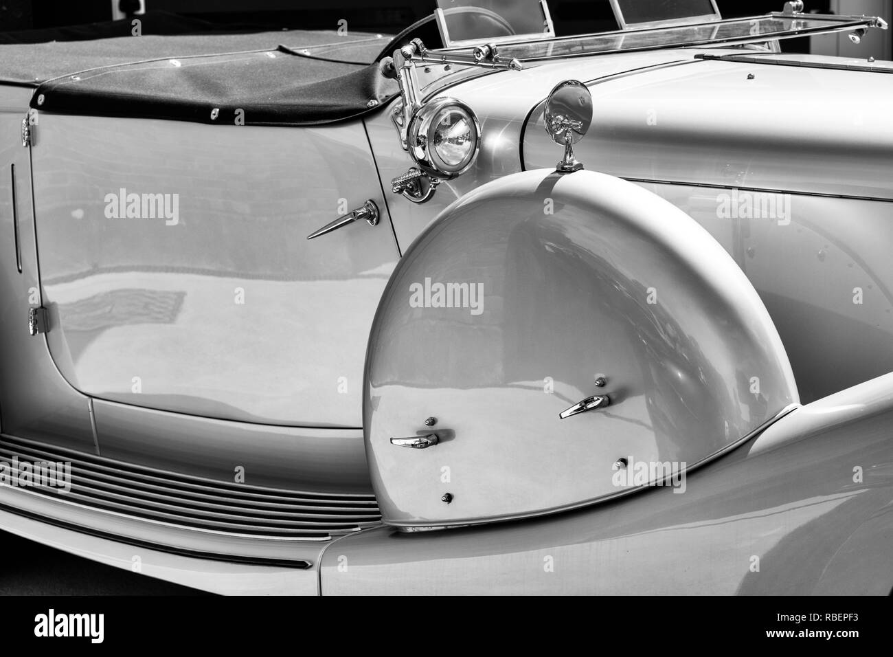 1936 Lagonda LG45 Tourer at Bicester Heritage Centre. Oxfordshire, England. Black and White Stock Photo