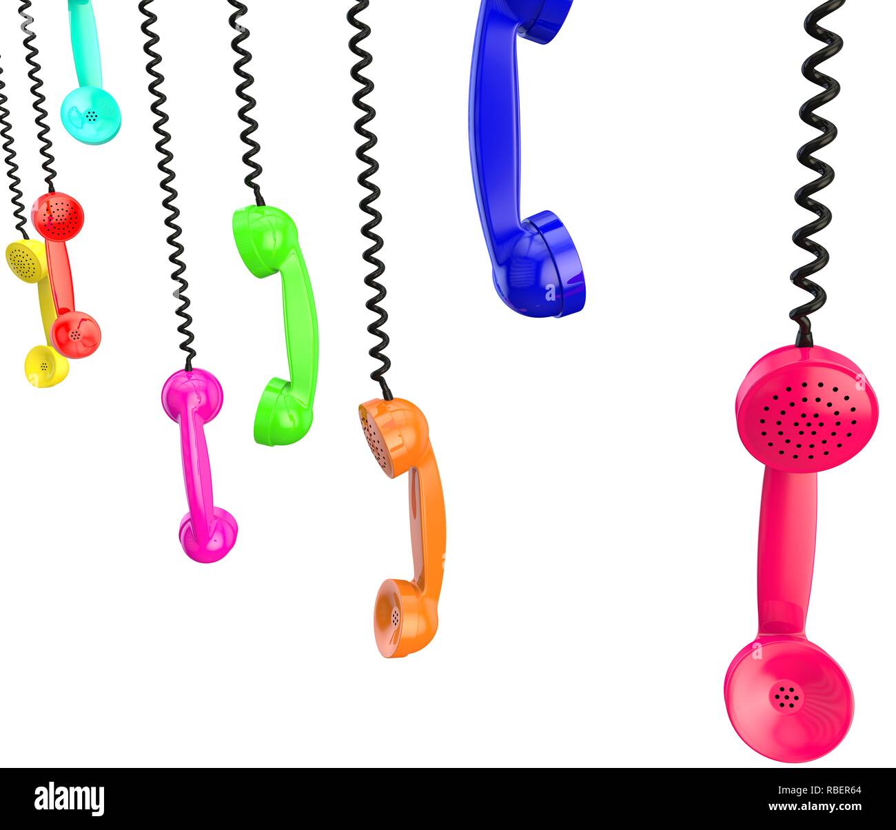 Lots of handsets with black wire. White isolated background. 3D render Stock Photo