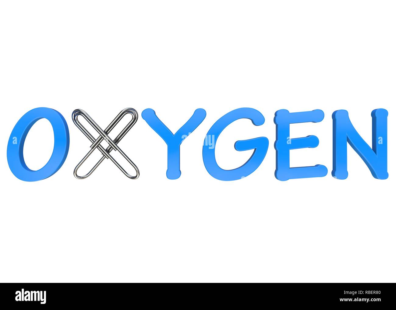 Oxygen slogan, connected with metal clips. Isolated background. High resolution. 3D render Stock Photo