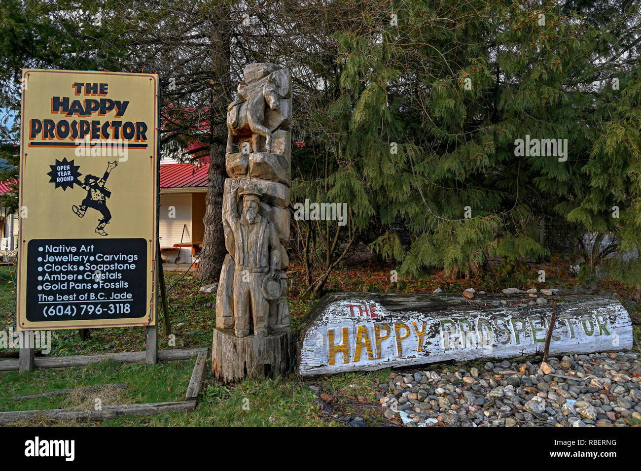 Wood carvings, Happy Prospector store, Harrison Hot Springs, British