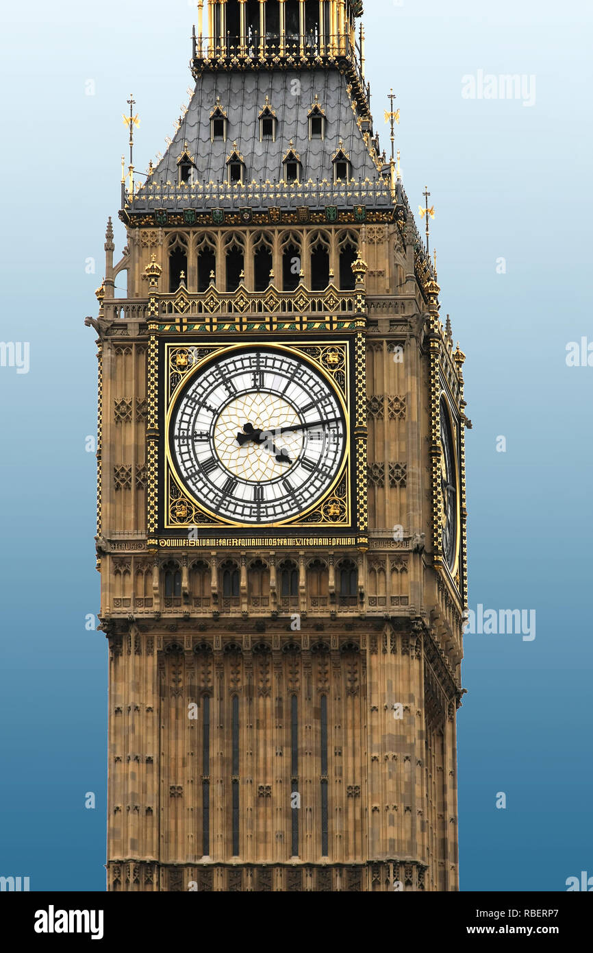 Famous British landmark Big Ben clock close up against blue sky Stock