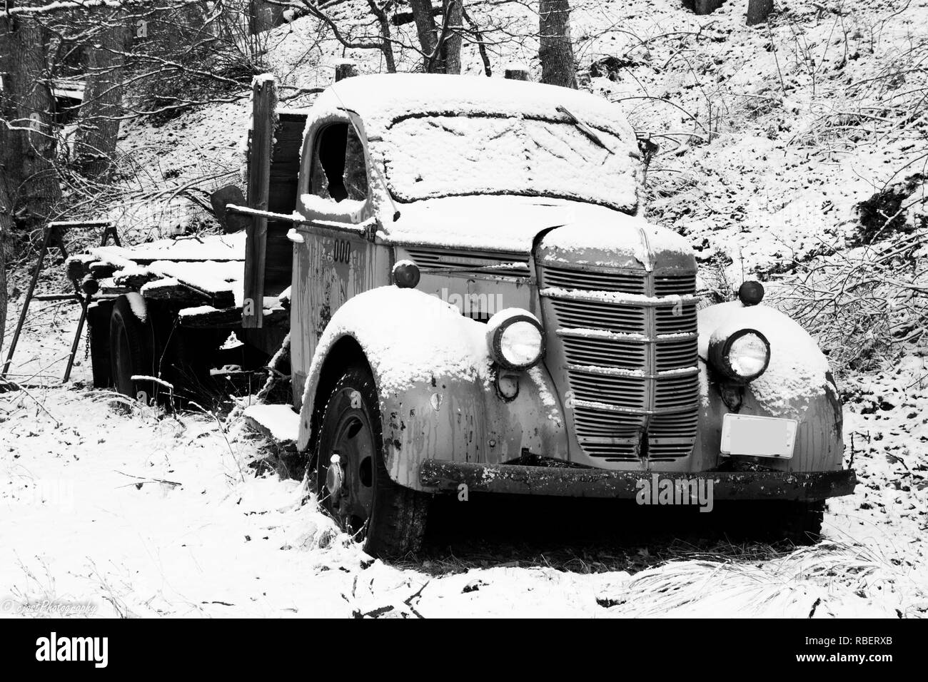 Antique International Harvester Flatbed Truck off Old Hwy. 99 in Ashland, Oregon Stock Photo