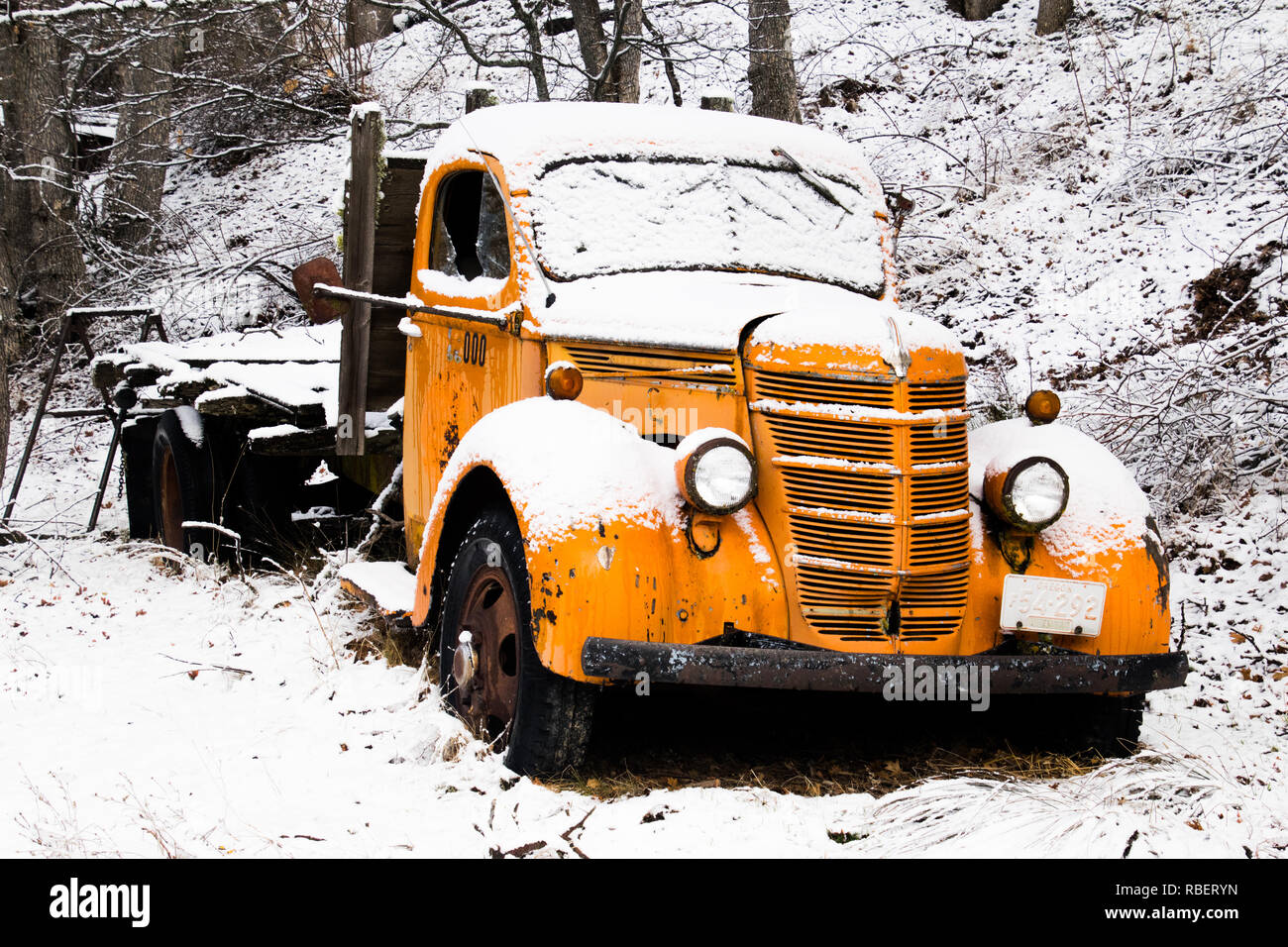 Antique International Harvester Flatbed Truck off Old Hwy. 99 in Ashland, Oregon Stock Photo