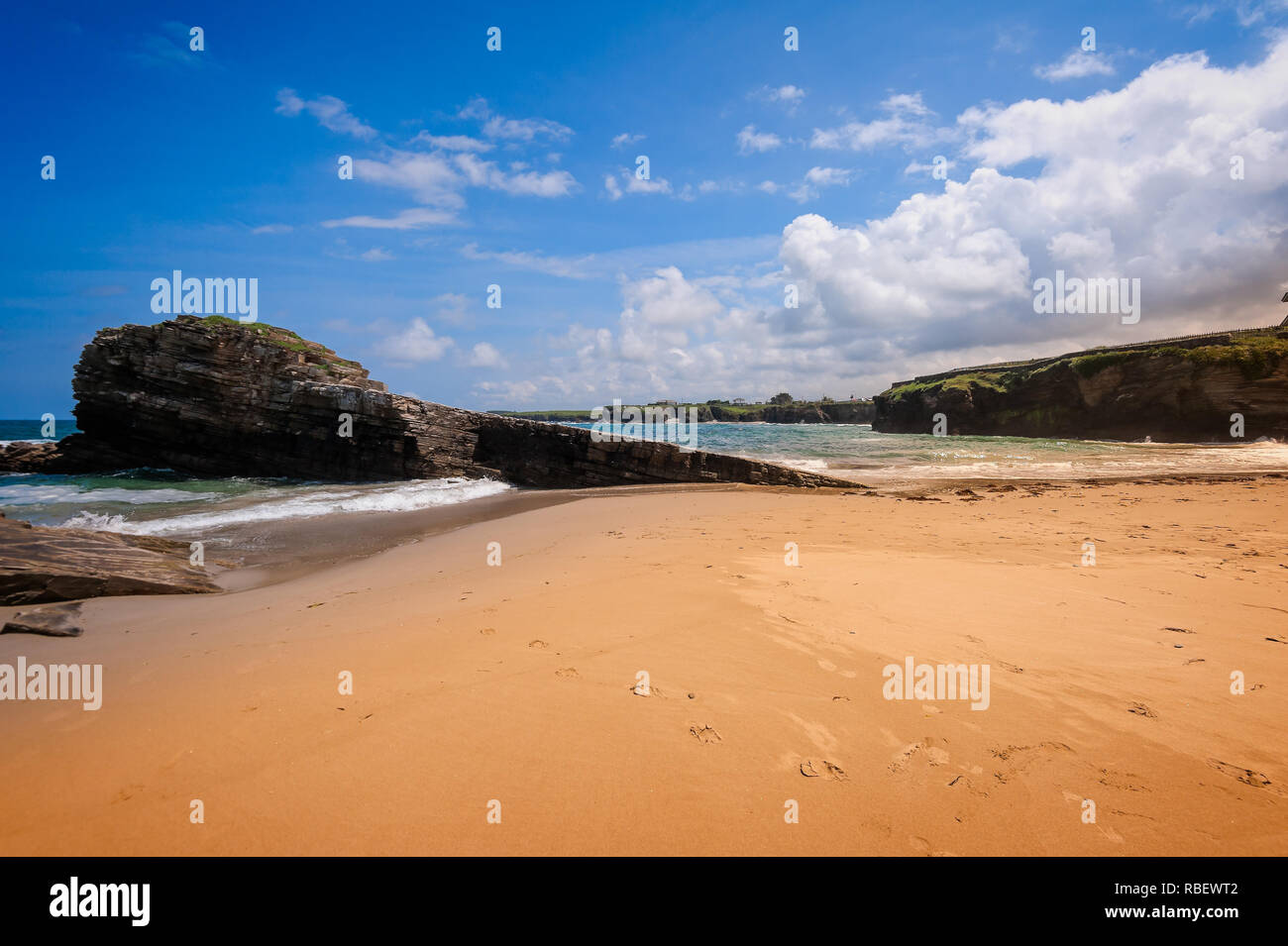 Beauty Atlantic coast with cliff,beach,ocean and sky with clouds. Galicia, Spain. Stock Photo