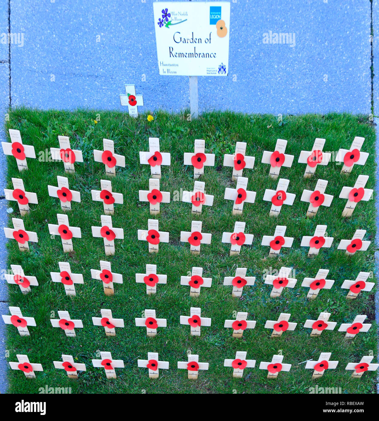 Garden of Remembrance, British Legion, red poppies, crosses, Hunstanton, Norfolk, UK Stock Photo