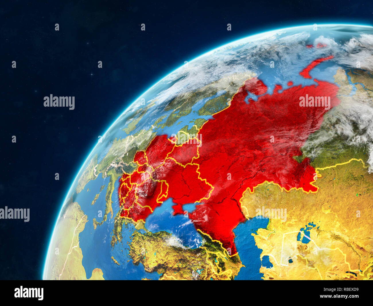 Eastern Europe on realistic model of planet Earth with country borders ...