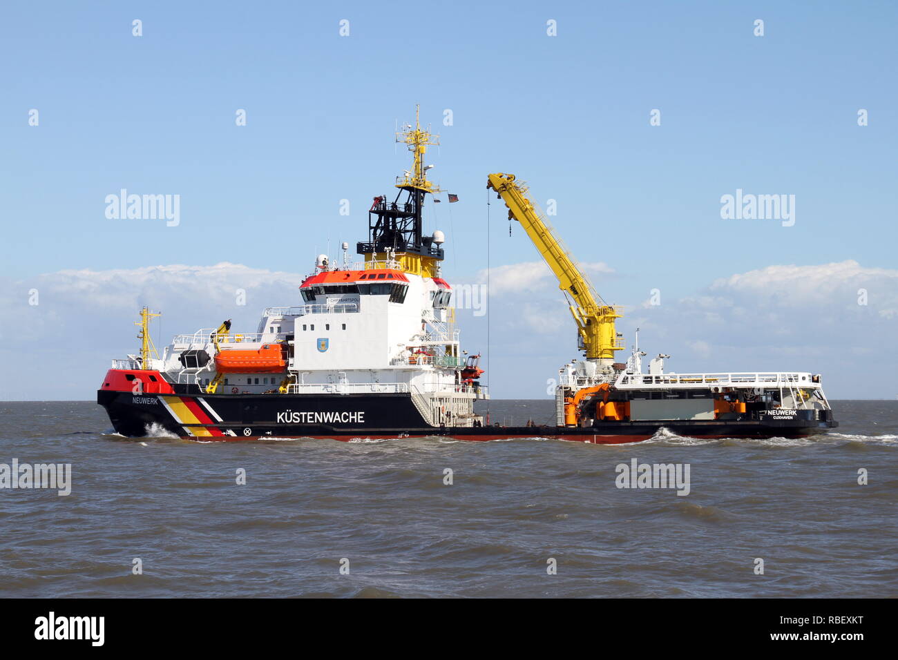 The ship of the Coast Guard Neuwerk leaves on 15 April 2014 in the port of Cuxhaven. Stock Photo