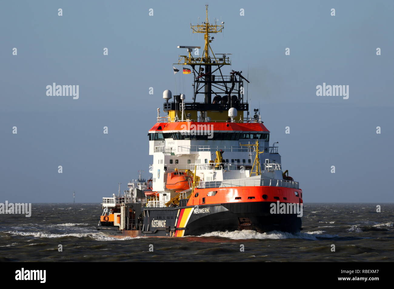 The ship of the Coast Guard Neuwerk reaches the port of Cuxhaven on March 20, 2016. Stock Photo