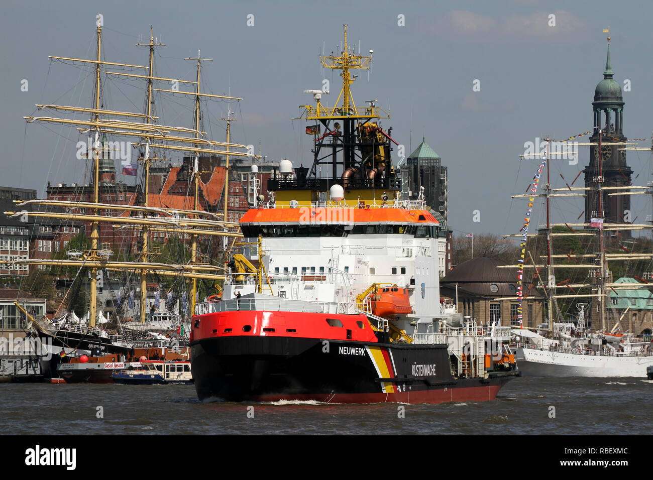 The ship of the Coast Guard Neuwerk reached on 6 May 2016, the port of Hamburg. Stock Photo