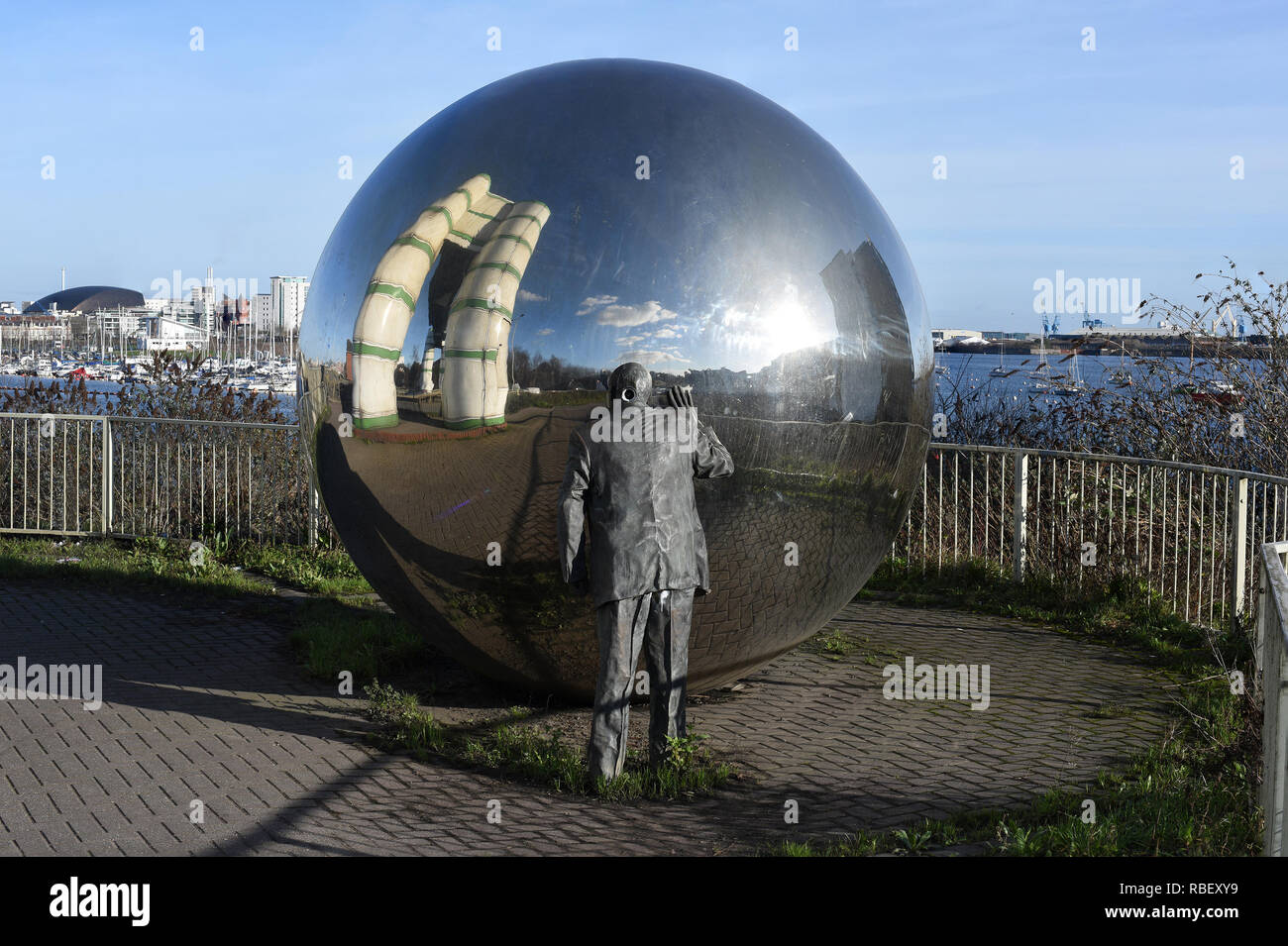 Silvered sculpture cardiff bay number 3976 Stock Photo