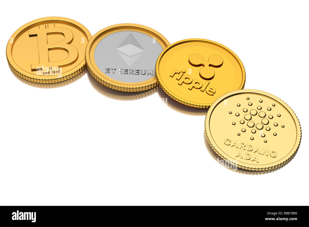 3D Render of substitutes of four of the cryptocurrencies with the highest  market capitalization: l.t.r. Bitcoin, Ethereum, Ripple, Ada (by Cardano)  ly Stock Photo - Alamy