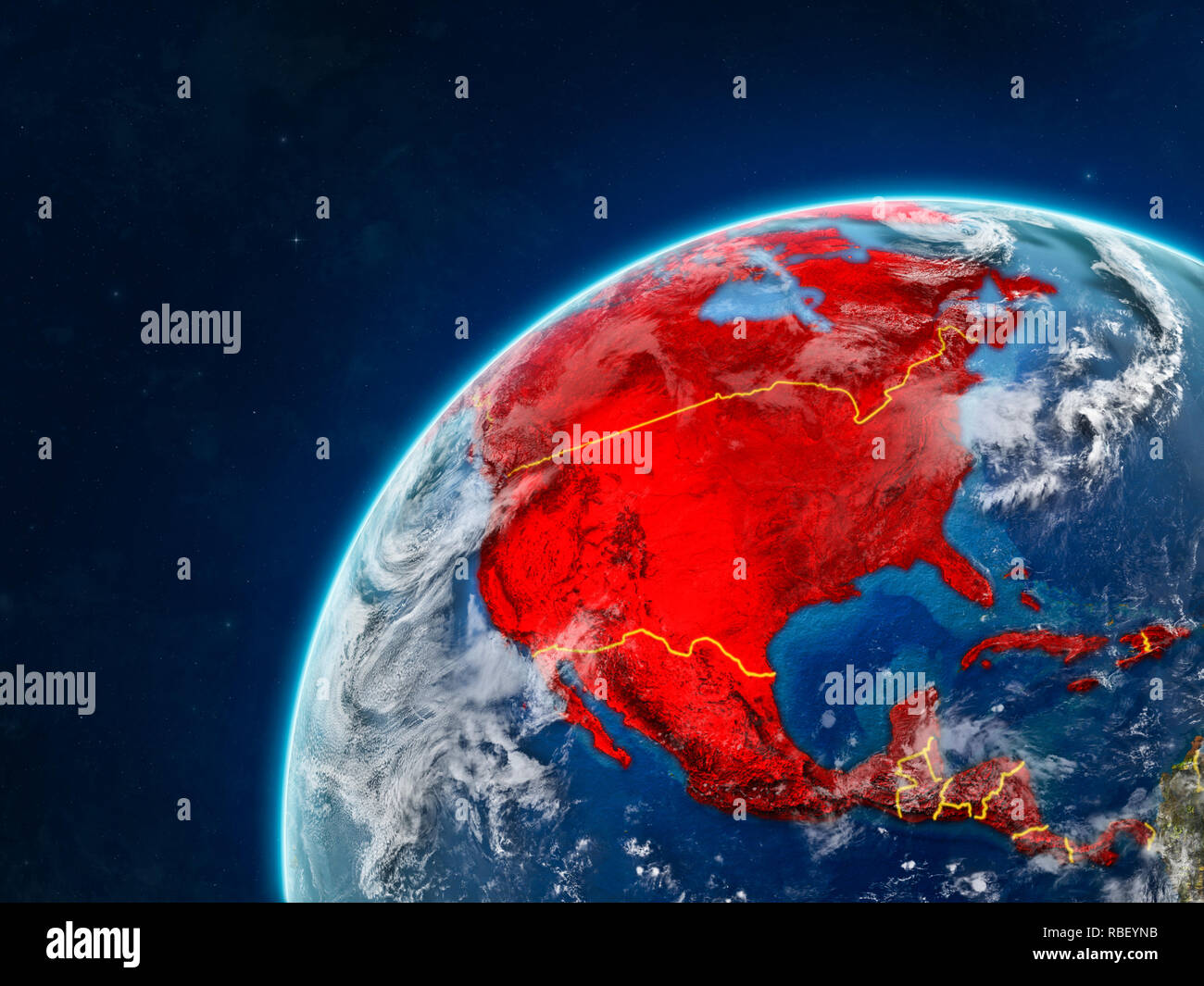 North America on realistic model of planet Earth with country borders ...