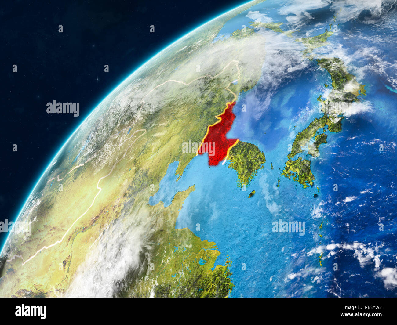 North Korea on realistic model of planet Earth with country borders and ...