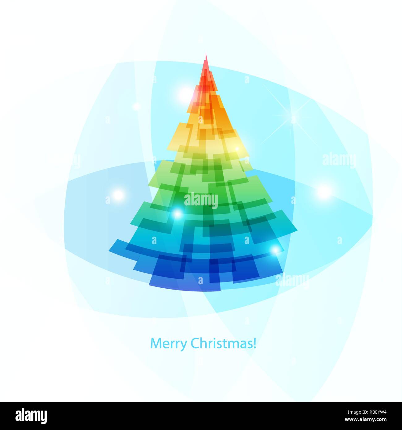 Bright Christmas tree on light blue background, greeting card Stock Vector