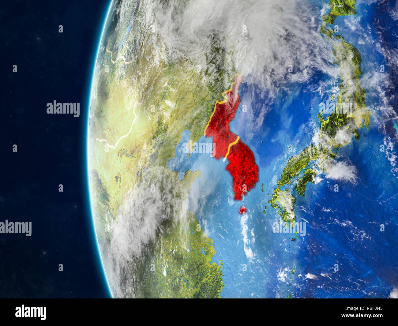 Korea from space on model of planet Earth with country borders and very ...