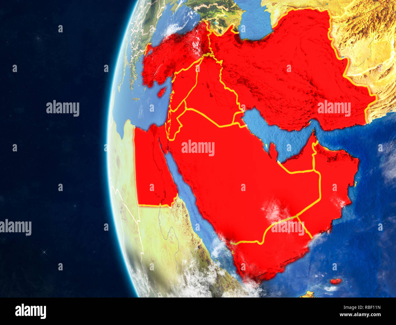 Middle East from space on model of planet Earth with country borders ...