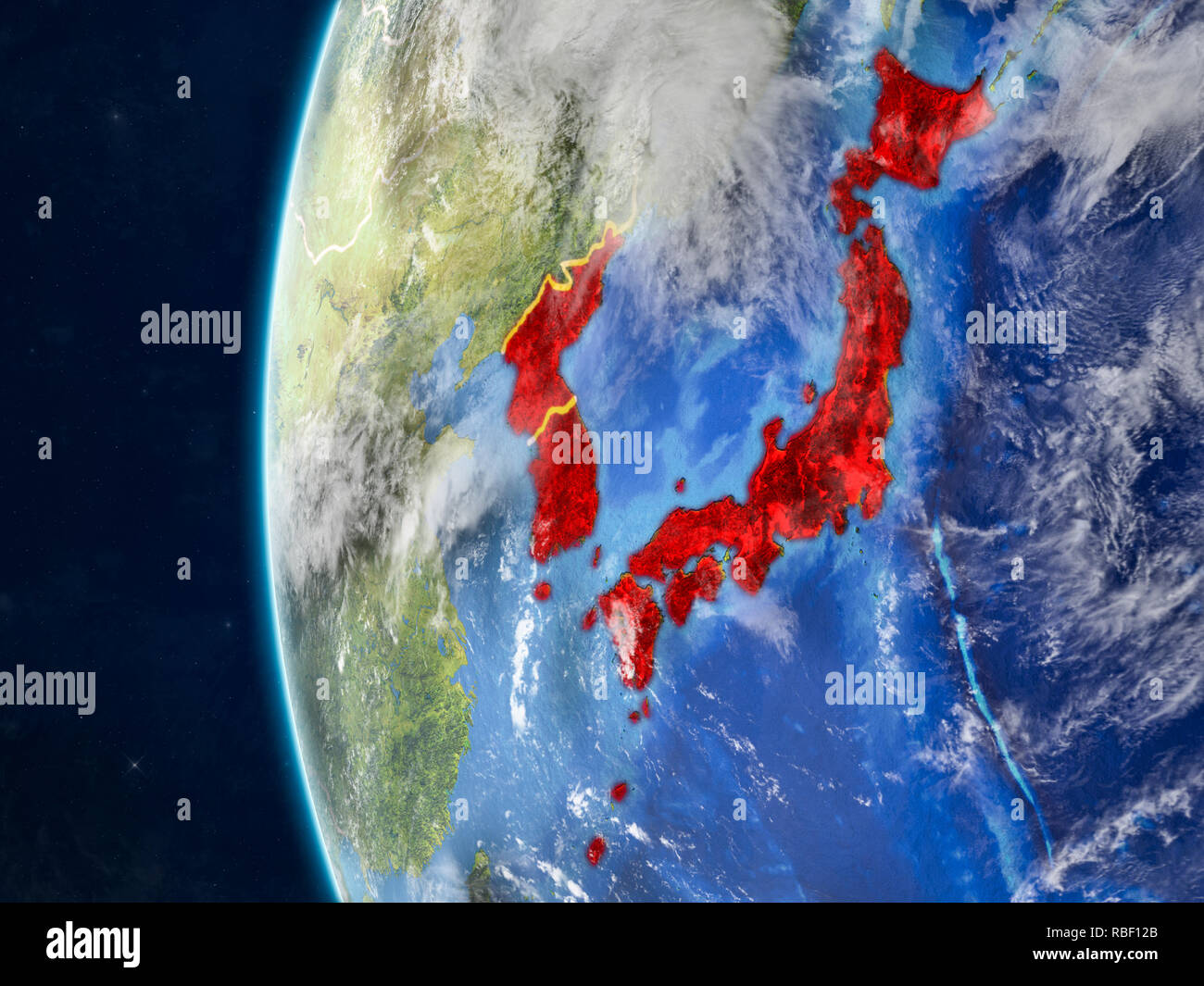 Japan and Korea from space on model of planet Earth with country ...