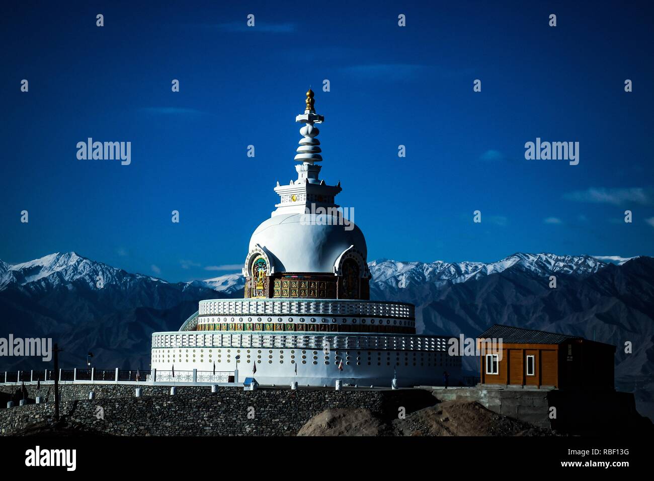 Shanti Stupa is a Buddhist white-domed stupa (chorten) on a hilltop in Chanspa, Leh district, Ladakh, in the north Indian state of Jammu and Kashmir Stock Photo