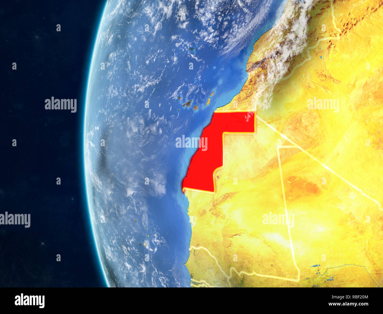 Western Sahara from space on model of planet Earth with country borders ...