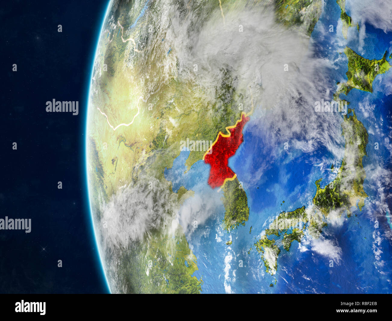 North Korea from space on model of planet Earth with country borders ...
