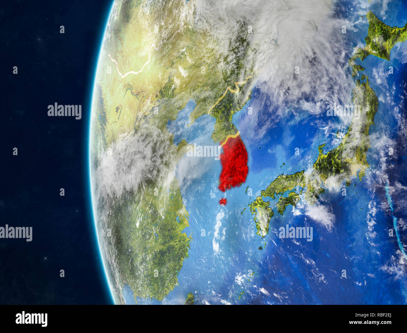 South Korea from space on model of planet Earth with country borders ...