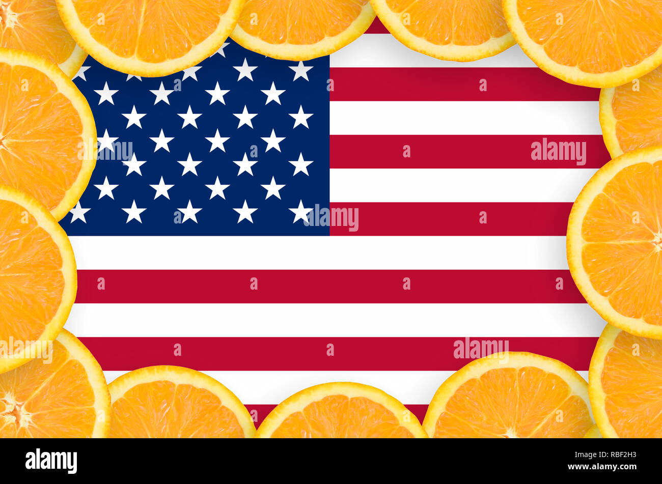 United States of America flag in frame of orange citrus fruit slices.  Concept of growing as well as import and export of citrus fruits Stock  Photo - Alamy