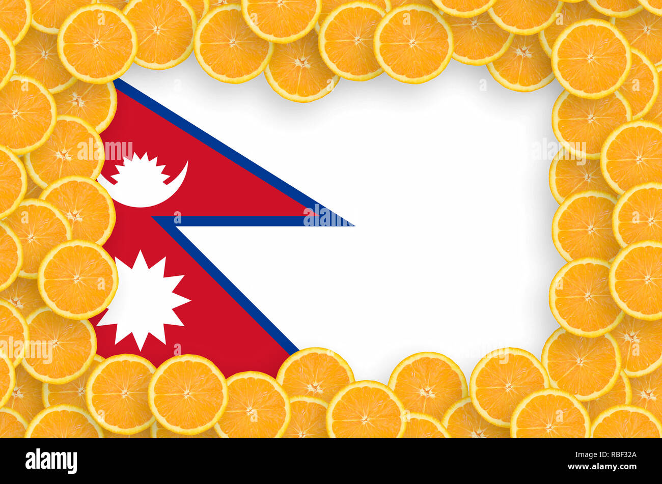 Nepal flag  in frame of orange citrus fruit slices. Concept of growing as well as import and export of citrus fruits Stock Photo