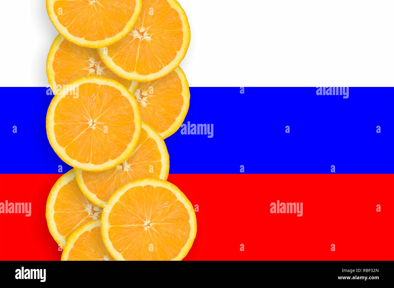 Russia flag and vertical row of orange citrus fruit slices. Concept of ... Russia flag and vertical row of orange citrus fruit slices. Concept of ...