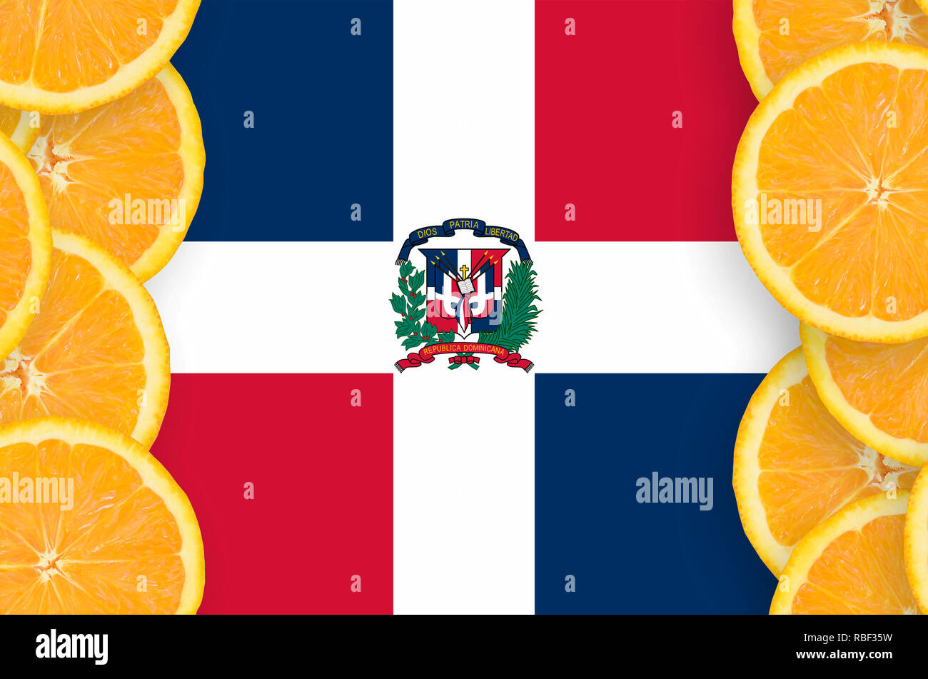 Dominican Republic flag in vertical frame of orange citrus fruit slices