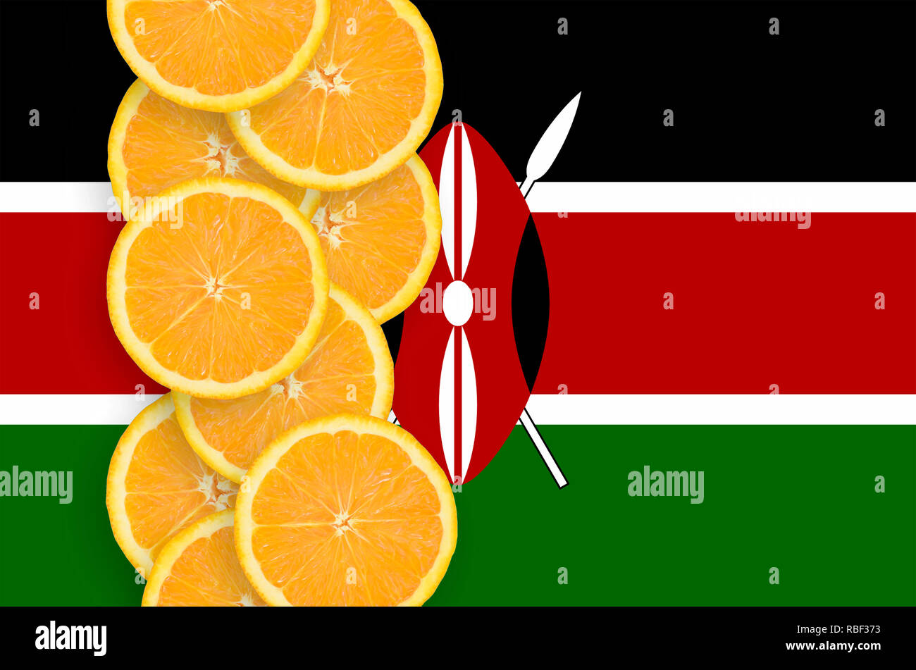 Kenya flag and vertical row of orange citrus fruit slices. Concept of growing as well as import