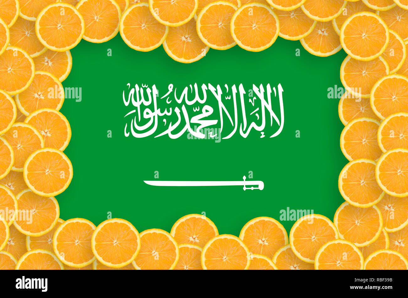 Saudi Arabia flag in frame of orange citrus fruit slices. Concept of