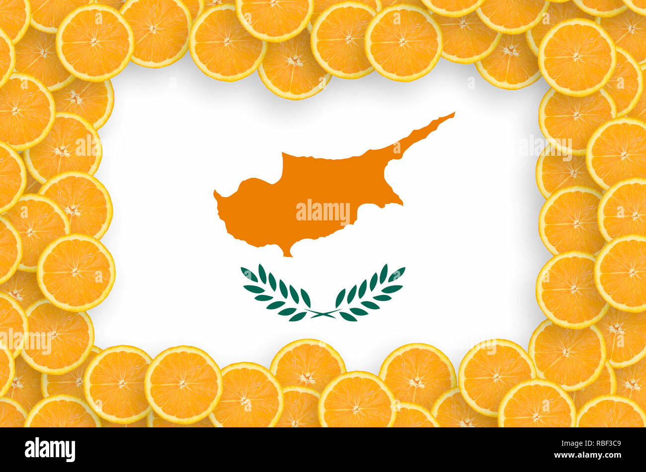 Cyprus flag in frame of orange citrus fruit slices. Concept of growing
