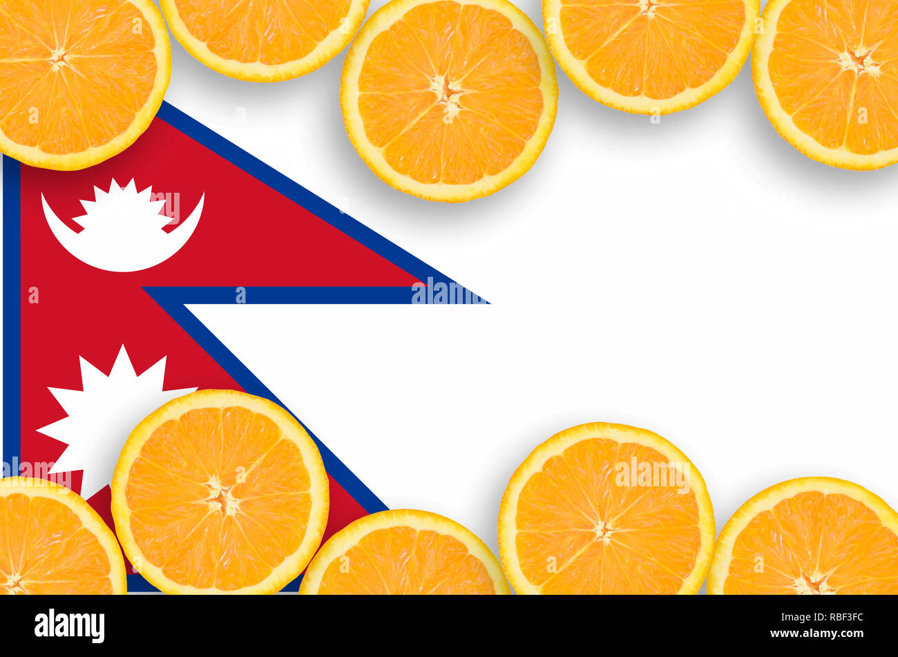 Nepal flag  in horizontal frame of orange citrus fruit slices. Concept of growing as well as import and export of citrus fruits Stock Photo