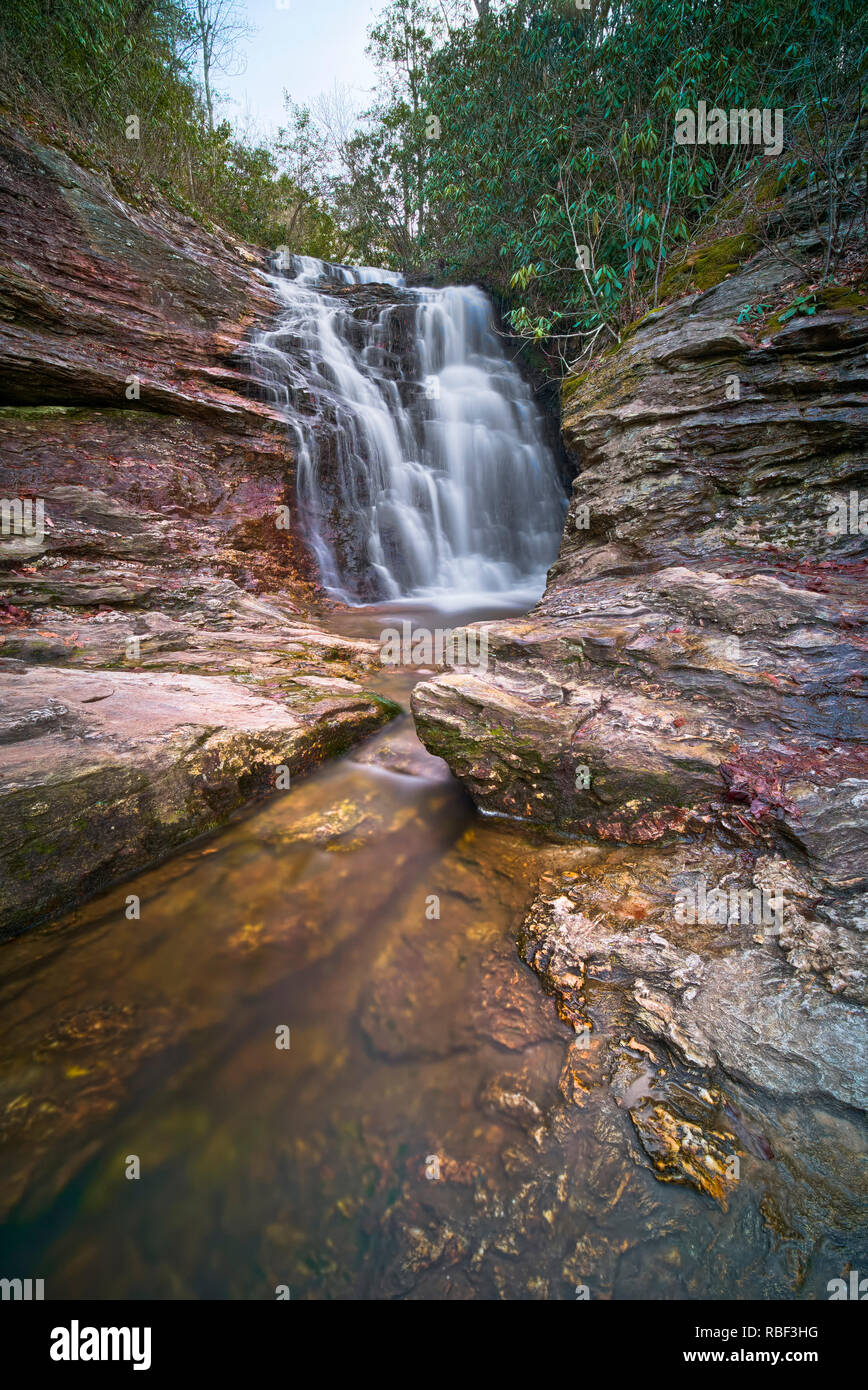Upper Cascade waterfall at Hanging rock State Park. Danbury, NC. A scenic waterfall and creek. Stock Photo