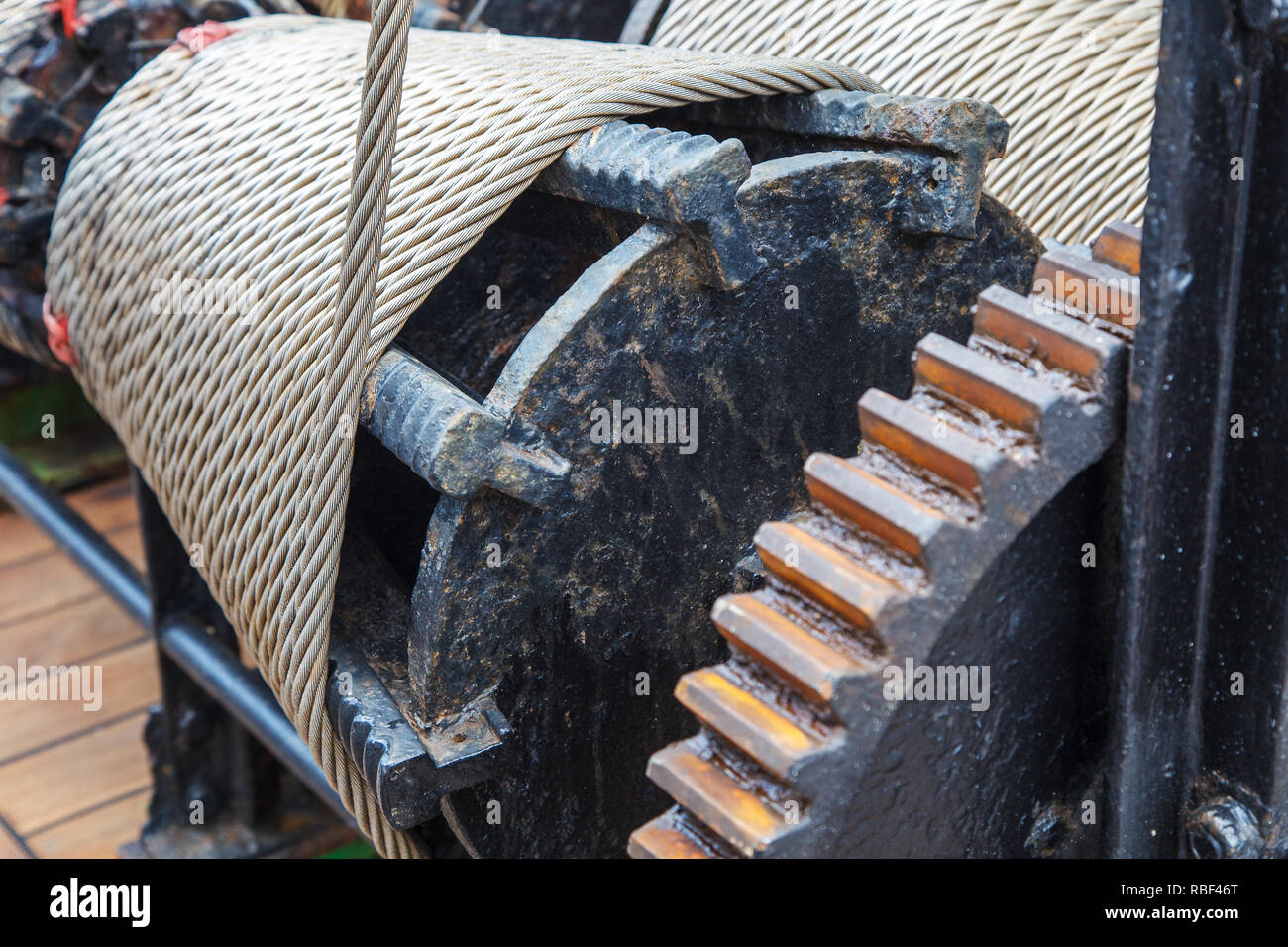 ship steel rope winch outdoor closeup Stock Photo