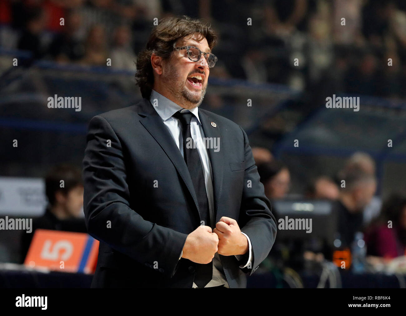 Belgrade. 9th Jan, 2019. Partizan's head coach Andrea Trinchieri gestures  during the Top 16 round 2 Eurocup basketball match between Partizan and  Alba in Belgrade, Serbia on Jan. 9, 2019. Partizan won