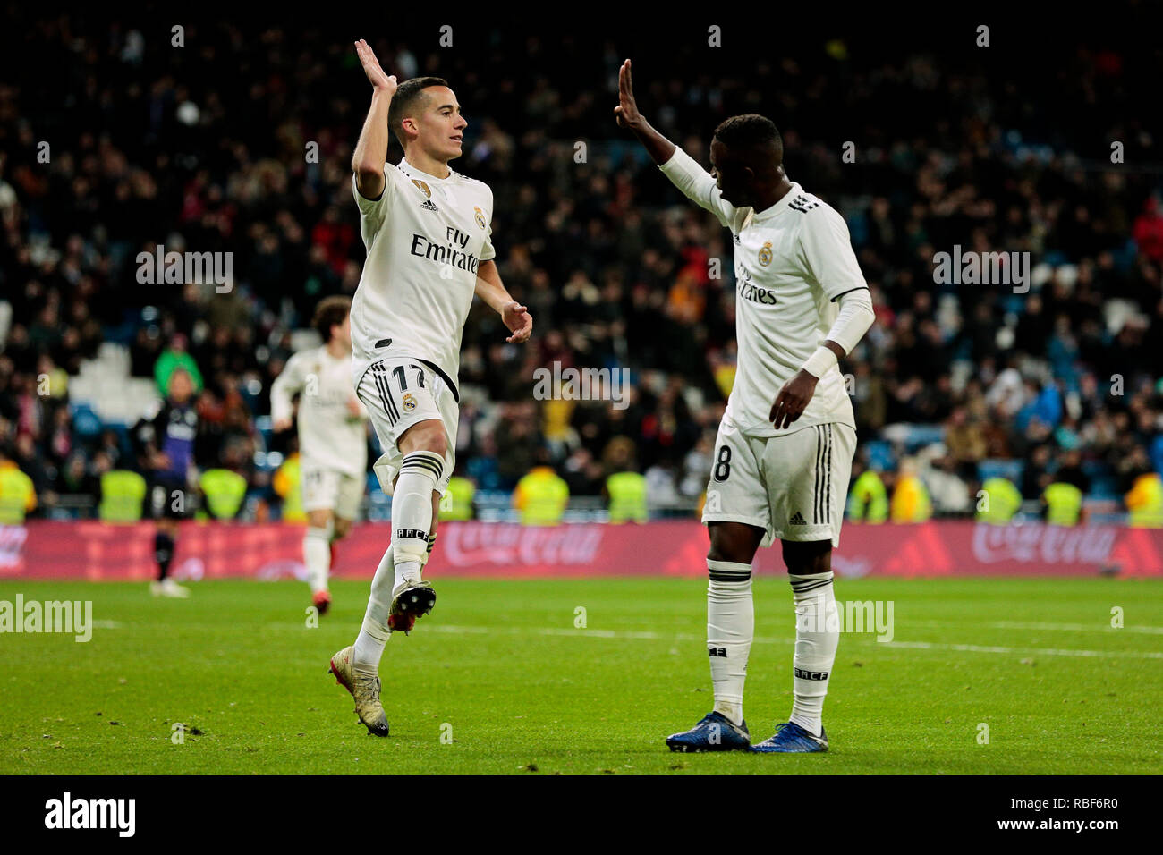 Real Madrid's Lucas Vazquez (L) and Vinicius Jr. (R) celebrate goal during Copa Del Rey match between Real Madrid and CD Leganes at Santiago Bernabeu Stadium in Madrid, Spain. January 09, 2019. Final Score: Real Madrid 3 - CD Leganes 0 Stock Photo
