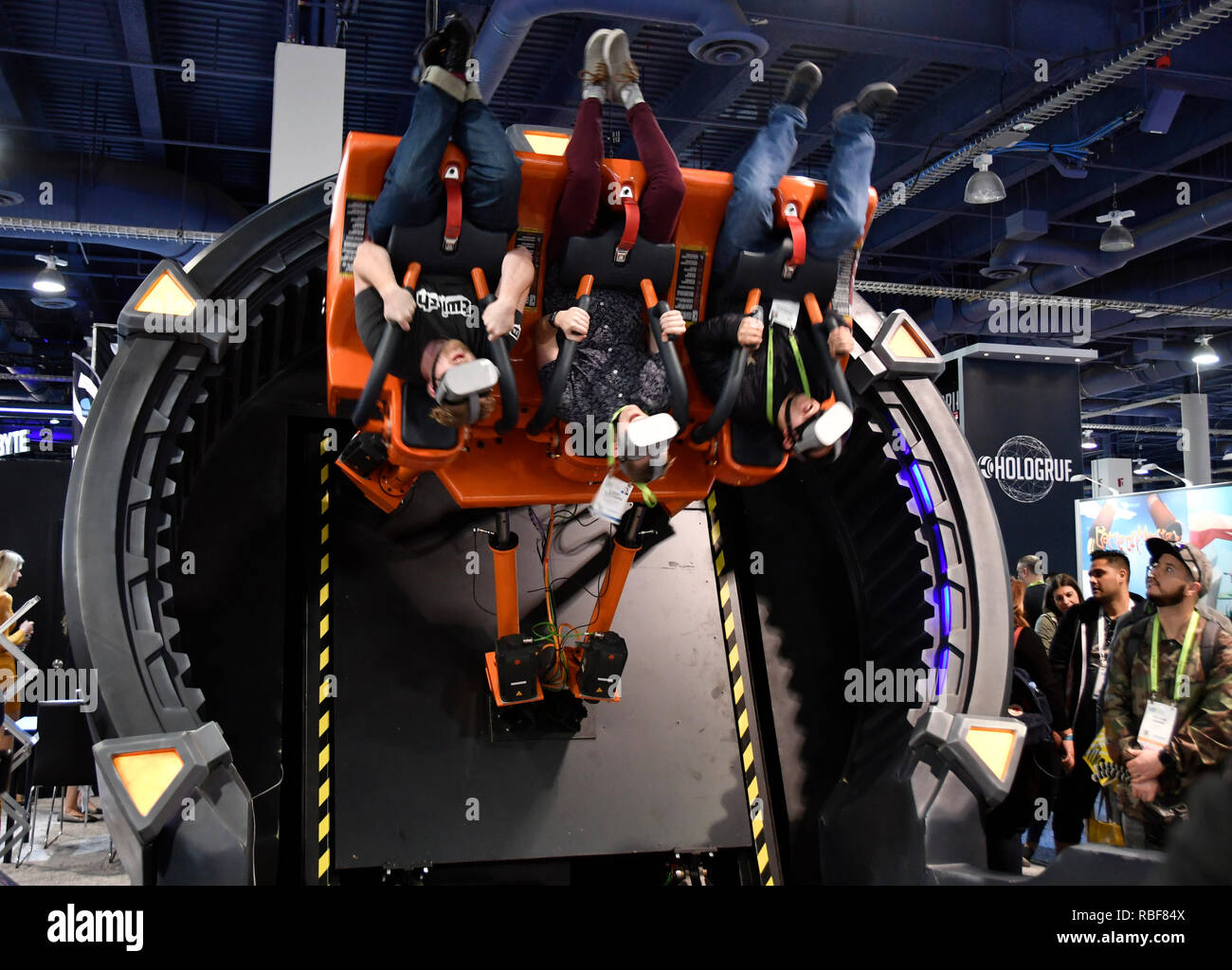 Las Vegas, USA. 9th January, 2019. DOF Robotics show their VR game to CES  attendees during the second day of the 2019 CES show Wednesday. CES reports  a new record of 180,000