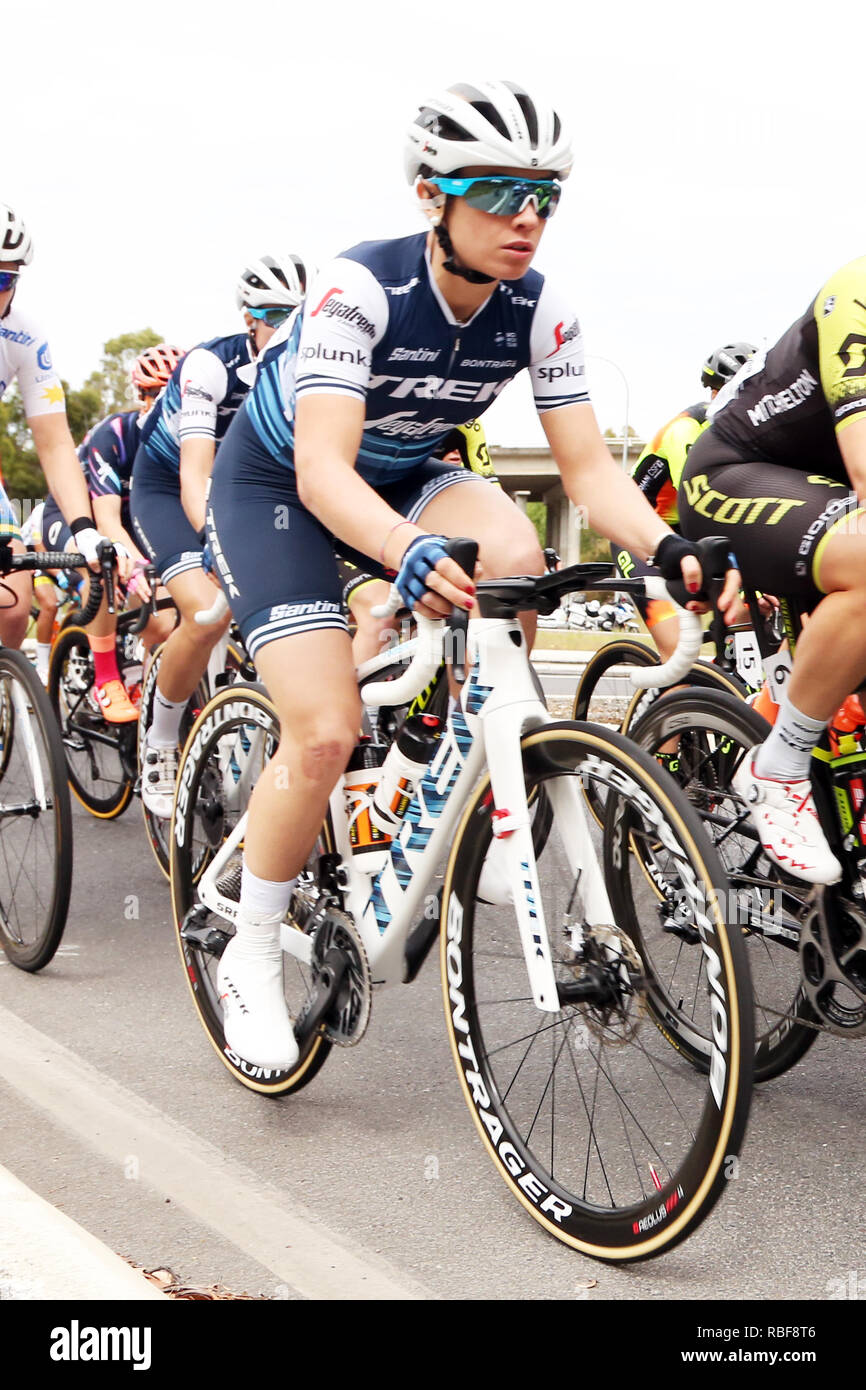 Adelaide, Australia. 10th January, 2019. Italian rider Letizia Paternoster from the Trek-Segafredo (USA) team on her way to winning stage 1 of the Women's Tour Down Under. Credit: Russell Mountford/Alamy Live News Stock Photo