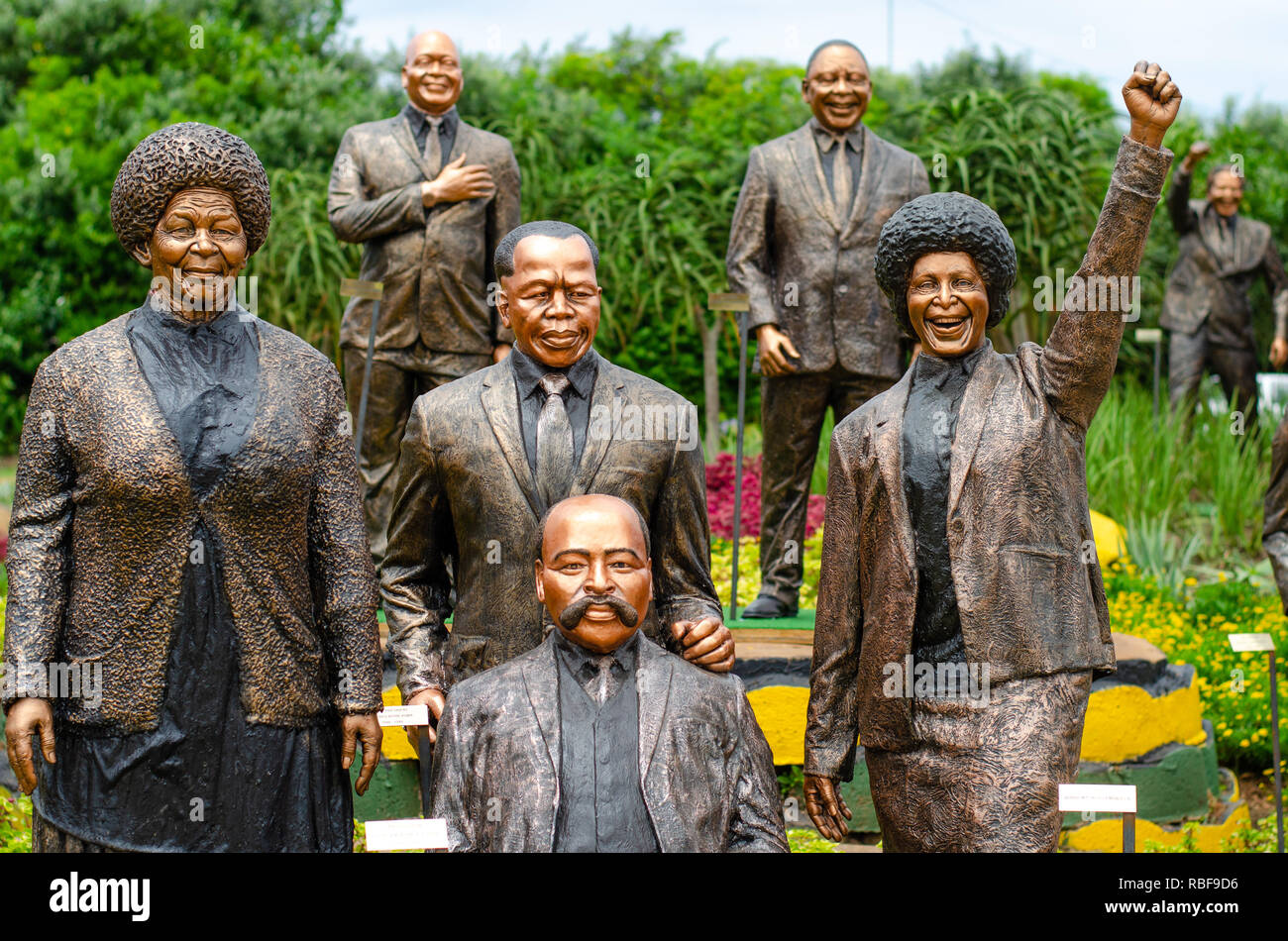 Durban, South Africa, 9th January 2019. Staues of African National Congress (ANC) stalwarts and former party presidents on display along the Ruth First Highway outside Durban ahead of the African National Congress (ANC) 2019 Election Manifesto Launch set to take place at Moses Mabhida Stadium in Durban on Saturday, 12th January, 2019. Pictured are (in front) John Langalilabele Dube, (behind him, l-r) Albertina Sisulu, Alfred Xuma and Winnie Mandela, (back, l-r) Jacob Zuma, Cyril Ramaphosa and Nelson Mandela. Jonathan Oberholster/Alamy Live News Stock Photo