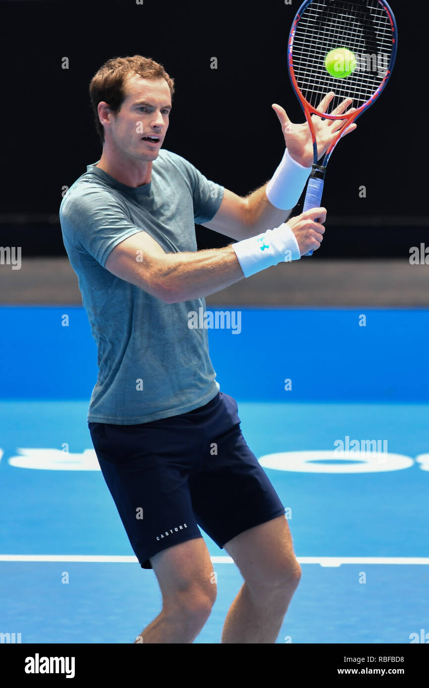 Melbourne, Australia. 10th Jan, 2019. Andy Murray in action in a practice  match against number one