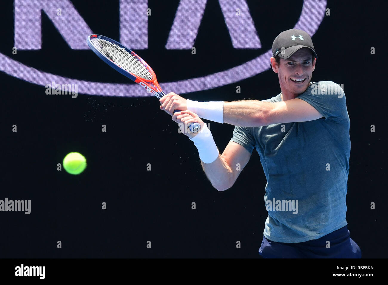 Melbourne, Australia. 10th Jan, 2019. Andy Murray in action in a practice match against number one seed Novak Djokovic on Margaret Court Arena ahead of the 2019 Australian Open Grand Slam tennis tournament in Melbourne, Australia. Sydney Low/Cal Sport Media/Alamy Live News Stock Photo
