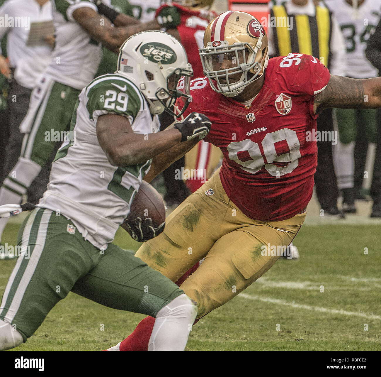 Santa Clara, California, USA. 17th Nov, 2019. San Francisco defensive  tackle DeForest Buckner (99)San Francisco 49ers defensive end Arik Armstead  (91) celebrate there take down of Cardinals quarterback Kyler Murray during  the